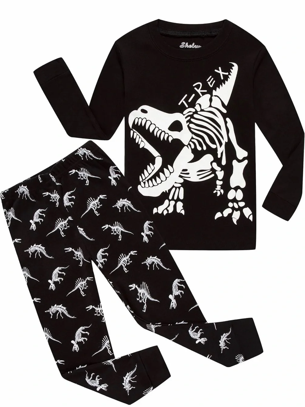 Kids Black T-Rex Skeleton Pajama Set Glow in the dark 4T